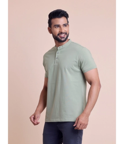 Generic Men's Casual Cotton Solid Half Sleeve Mandarin Collar T-Shirt (Newsage)