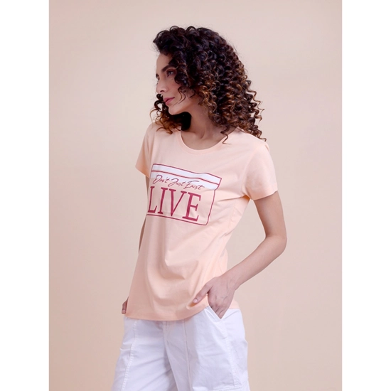 Generic Women's Casual Cotton Printed Half Sleeve Round Neck T-Shirt (Peach)
