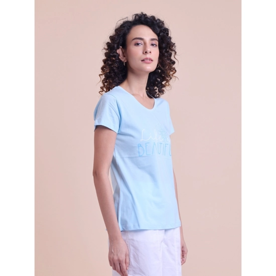 Generic Women's Casual Cotton Printed Half Sleeve Round Neck T-Shirt (Blue)