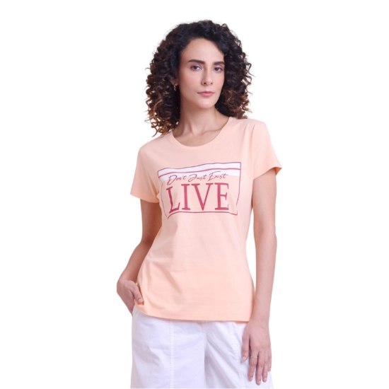 Generic Women's Casual Cotton Printed Half Sleeve Round Neck T-Shirt (Peach)