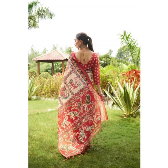 Generic Women's Tussar Silk Printed Saree With Unstitched Blouse (Maroon, 5.5 Mtr)