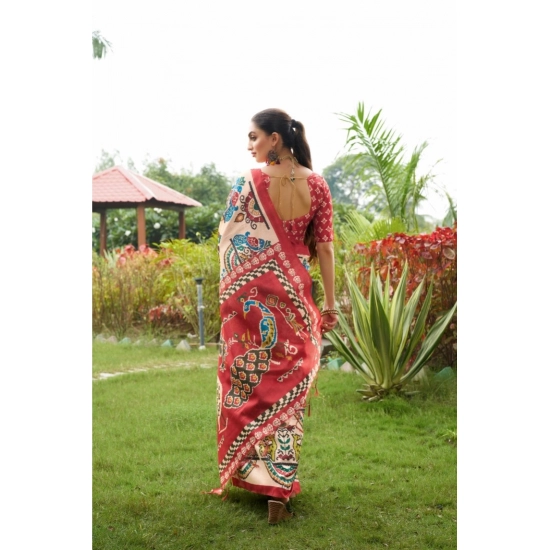 Generic Women's Tussar Silk Printed Saree With Unstitched Blouse (Maroon, 5.5 Mtr)