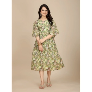Generic Women's Georgette Printed Round Neck Short Sleeve Dress (Green)