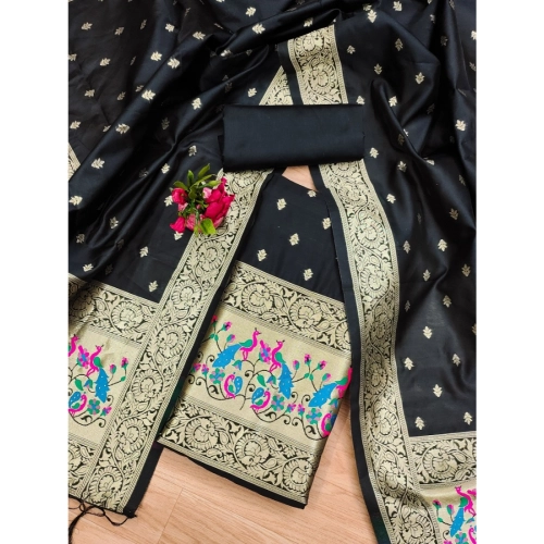 Women's Banarasi Silk Printed Unstitched Salwar Suit Material With Dupatta (Black, 3Mtrs) Women's Banarasi Silk Printed Unstitched Salwar Suit Material With Dupatta (Black, 3Mtrs)