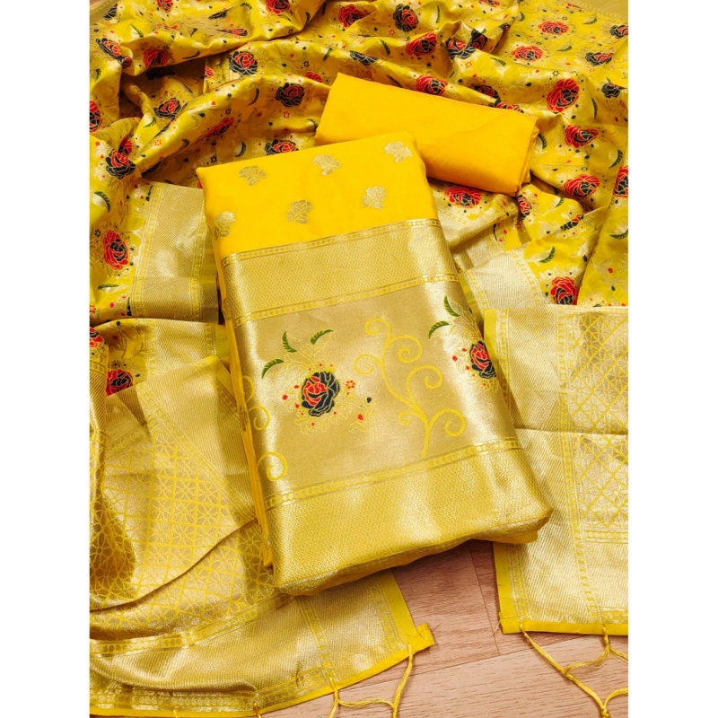 Women's Banarasi Silk Printed Unstitched Salwar Suit Material With Dupatta (Yellow, 3Mtrs) Women's Banarasi Silk Printed Unstitched Salwar Suit Material With Dupatta (Yellow, 3Mtrs)