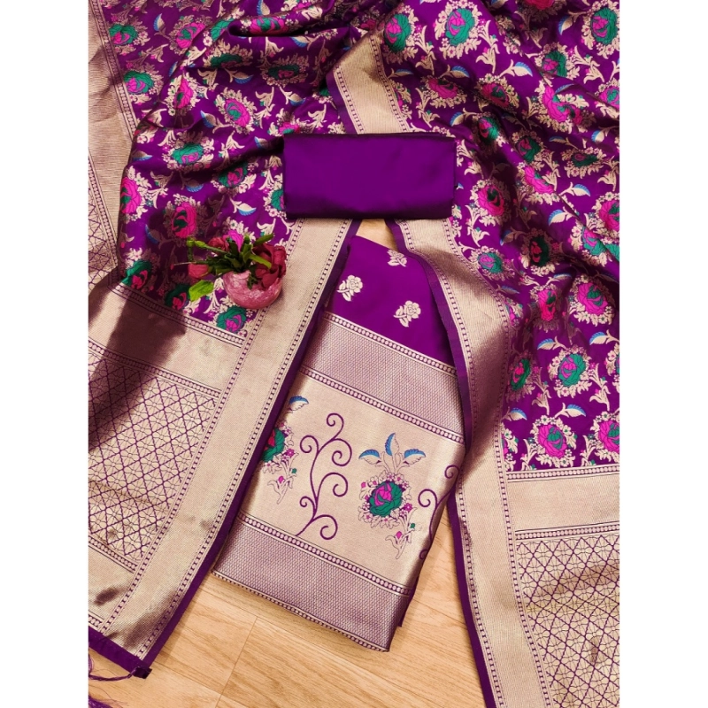 Women's Banarasi Silk Printed Unstitched Salwar Suit Material With Dupatta (Purple, 3Mtrs)