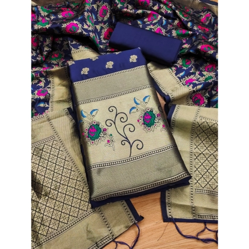 Women's Banarasi Silk Printed Unstitched Salwar Suit Material With Dupatta (Navy Blue, 3Mtrs) Women's Banarasi Silk Printed Unstitched Salwar Suit Material With Dupatta (Navy Blue, 3Mtrs)