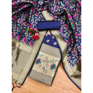 Generic Women's Banarasi Silk Printed Unstitched Salwar Suit Material With Dupatta (Navy Blue, 3Mtrs)