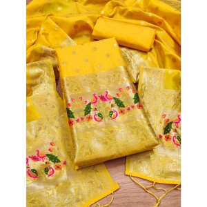 Generic Women's Banarasi Silk Printed Unstitched Salwar Suit Material With Dupatta (Yellow, 3Mtrs)
