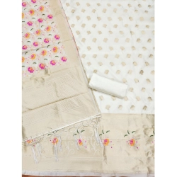 Women's Banarasi Silk Printed Unstitched Salwar Suit Material With Dupatta (White, 3Mtrs)