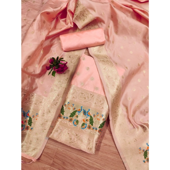 Generic Women's Banarasi Silk Printed Unstitched Salwar Suit Material With Dupatta (Peach, 3Mtrs)