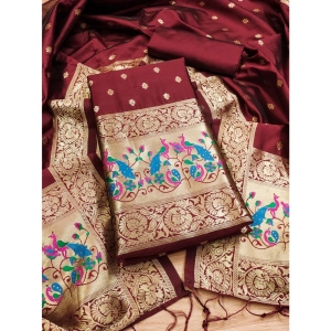 Generic Women's Banarasi Silk Printed Unstitched Salwar Suit Material With Dupatta (Maroon, 3Mtrs)