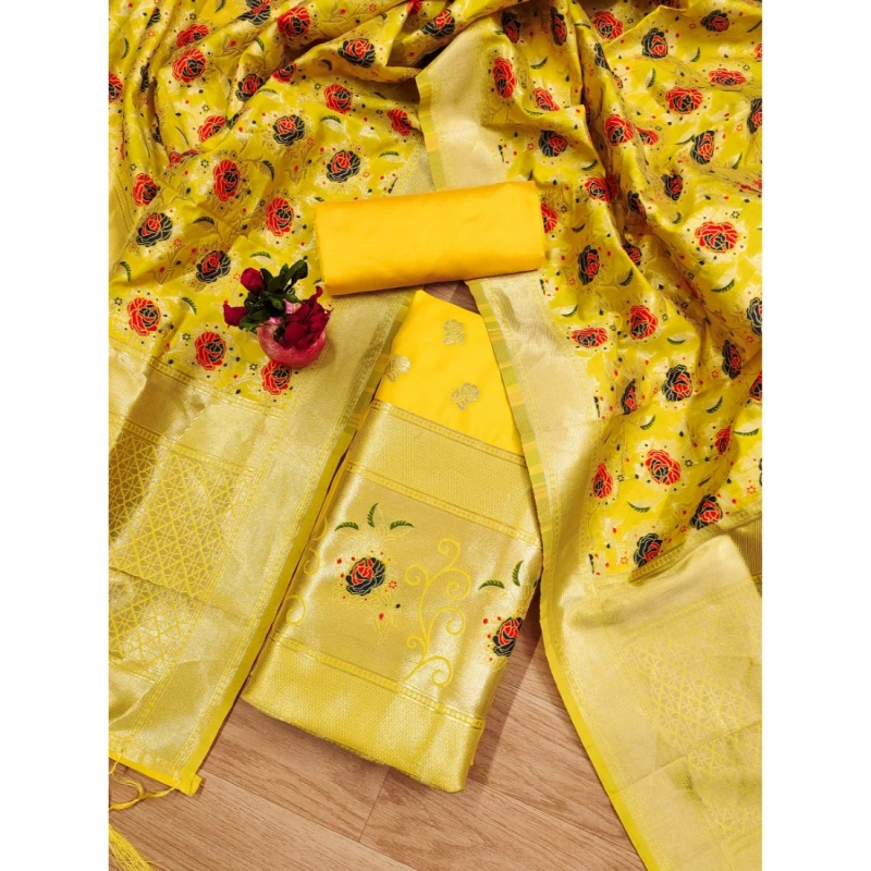 Women's Banarasi Silk Printed Unstitched Salwar Suit Material With Dupatta (Yellow, 3Mtrs) Women's Banarasi Silk Printed Unstitched Salwar Suit Material With Dupatta (Yellow, 3Mtrs)