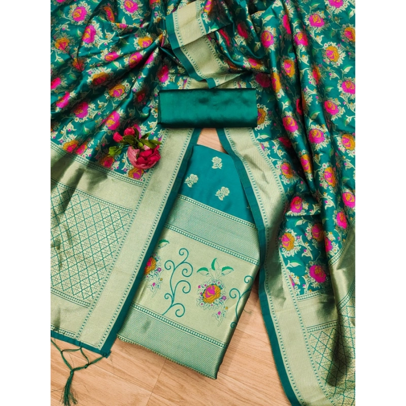 Women's Banarasi Silk Printed Unstitched Salwar Suit Material With Dupatta (Rama, 3Mtrs)