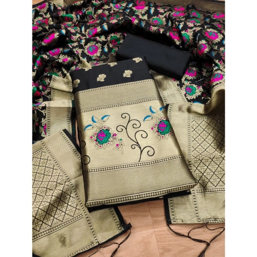 Women's Banarasi Silk Printed Unstitched Salwar Suit Material With Dupatta (Black, 3Mtrs) Women's Banarasi Silk Printed Unstitched Salwar Suit Material With Dupatta (Black, 3Mtrs)