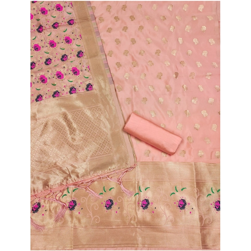 Women's Banarasi Silk Printed Unstitched Salwar Suit Material With Dupatta (Peach, 3Mtrs)