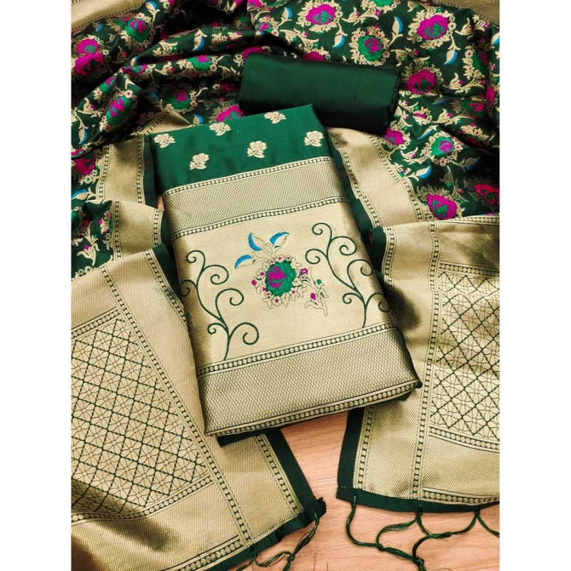 Women's Banarasi Silk Printed Unstitched Salwar Suit Material With Dupatta (Green, 3Mtrs) Women's Banarasi Silk Printed Unstitched Salwar Suit Material With Dupatta (Green, 3Mtrs)