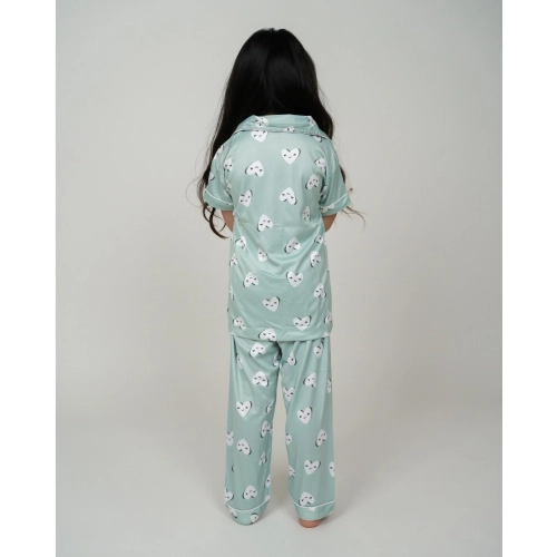 Girl's Silk Bleand Printed Short Sleeve Night Suit Set (Light Green) Girl's Silk Bleand Printed Short Sleeve Night Suit Set (Light Green)