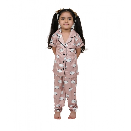 Girl's Silk Bleand Printed Short Sleeve Night Suit Set (Brown)