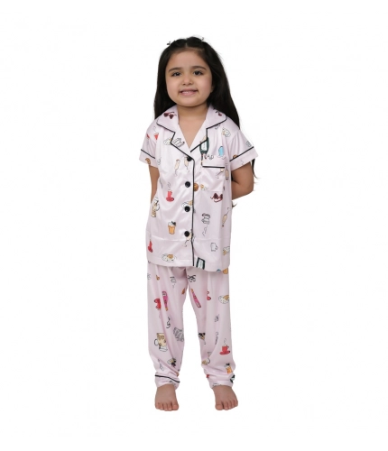 Generic Girl's Silk Bleand Printed Short Sleeve Night Suit Set (Creem)