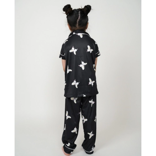 Girl's Silk Bleand Printed Short Sleeve Night Suit Set (Black)