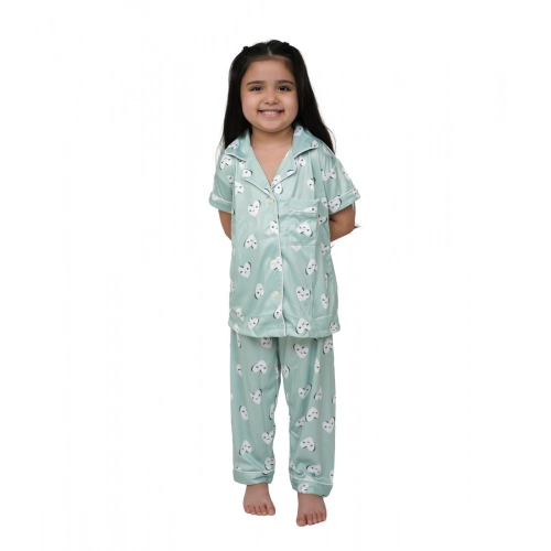Girl's Silk Bleand Printed Short Sleeve Night Suit Set (Light Green)
