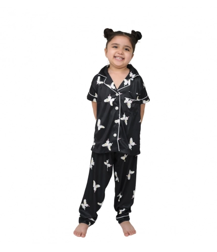 Generic Girl's Silk Bleand Printed Short Sleeve Night Suit Set (Black)