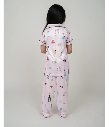 Generic Girl's Silk Bleand Printed Short Sleeve Night Suit Set (Creem)