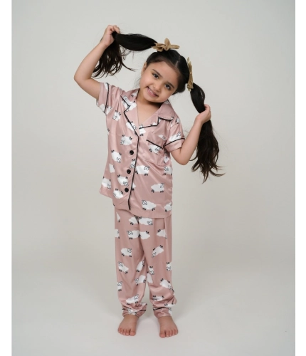 Generic Girl's Silk Bleand Printed Short Sleeve Night Suit Set (Brown)