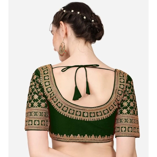 Generic Women's Silk Embroidery Coding Round Neck Short Sleeve Readymade Blouse (Dark Green, Free Size)
