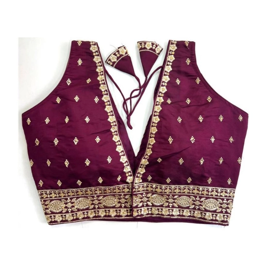 Generic Women's Silk Thread work V Neck Sleeve Less Readymade Blouse (Wine, Free Size)