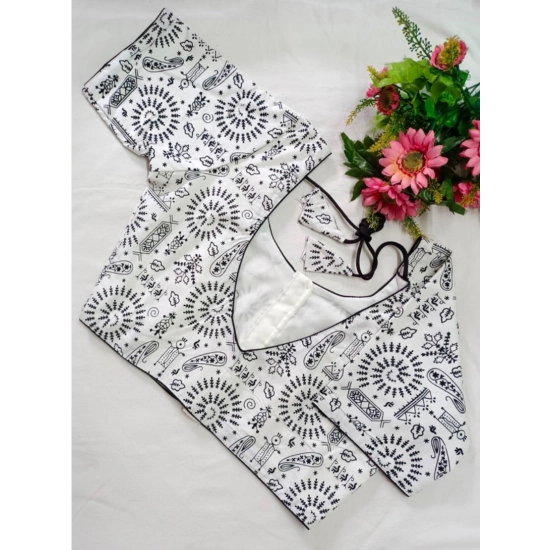 Generic Women's Cotton Printed Round Neck Short Sleeve Readymade Blouse (White-Blk, Free Size)