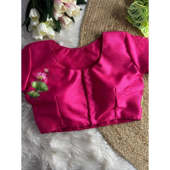 Generic Women's Silk Hand Work Round Neck Short Sleeve Readymade Blouse (Pink, Free Size)
