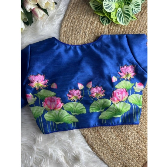 Generic Women's Silk Hand Work Round Neck Short Sleeve Readymade Blouse (Blue, Free Size)