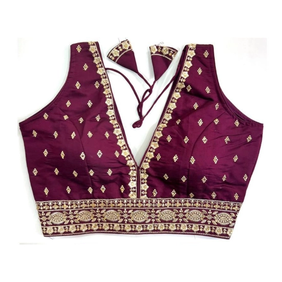 Generic Women's Silk Thread work V Neck Sleeve Less Readymade Blouse (Wine, Free Size)