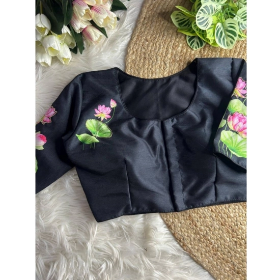 Generic Women's Silk Hand Work Round Neck Short Sleeve Readymade Blouse (Black, Free Size)