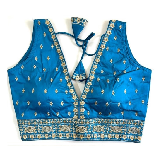 Generic Women's Silk Thread work V Neck Sleeve Less Readymade Blouse (Sky Blue, Free Size)