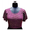 Generic Women's Lycra  Printed Round Neck Flared Sleeves Readymade Blouse (Wine, Free Size)
