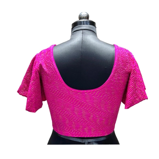 Generic Women's Lycra  Printed Round Neck Flared Sleeves Readymade Blouse (Pink, Free Size)