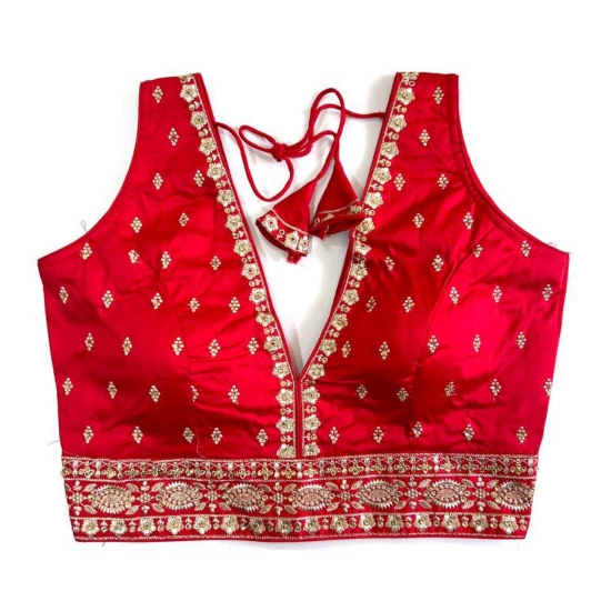 Generic Women's Silk Thread work V Neck Sleeve Less Readymade Blouse (Red, Free Size)