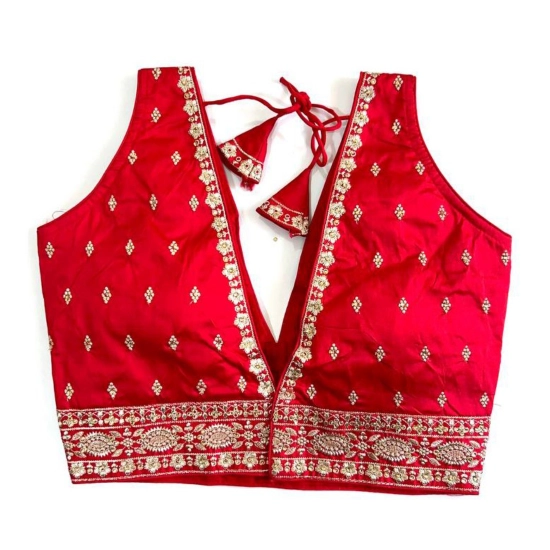 Generic Women's Silk Thread work V Neck Sleeve Less Readymade Blouse (Red, Free Size)
