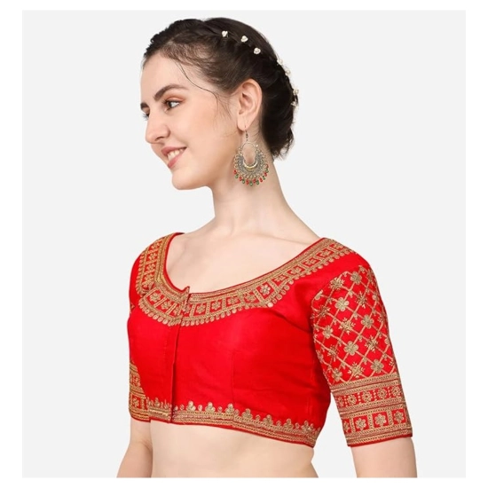 Generic Women's Silk Embroidery Coding Round Neck Short Sleeve Readymade Blouse (Red, Free Size) Generic Women's Silk Embroidery Coding Round Neck Short Sleeve Readymade Blouse (Red, Free Size)