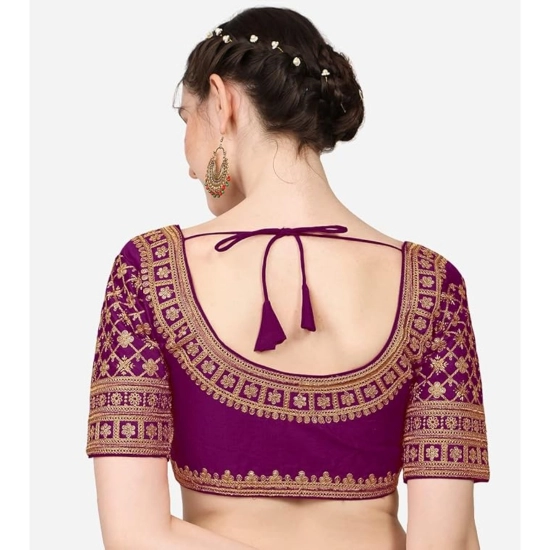 Generic Women's Silk Embroidery Coding Round Neck Short Sleeve Readymade Blouse (Purple, Free Size)