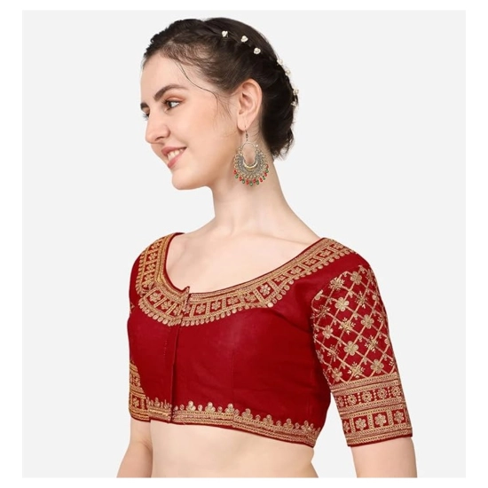 Generic Women's Silk Embroidery Coding Round Neck Short Sleeve Readymade Blouse (Maroon, Free Size) Generic Women's Silk Embroidery Coding Round Neck Short Sleeve Readymade Blouse (Maroon, Free Size)