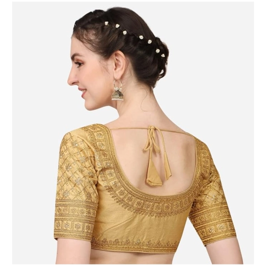 Generic Women's Silk Embroidery Coding Round Neck Short Sleeve Readymade Blouse (Golden, Free Size)
