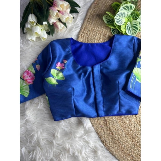 Generic Women's Silk Hand Work Round Neck Short Sleeve Readymade Blouse (Blue, Free Size)