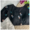 Generic Women's Khadi Cotton Embroidery V Neck Short Sleeve Readymade Blouse (Black, Free Size)