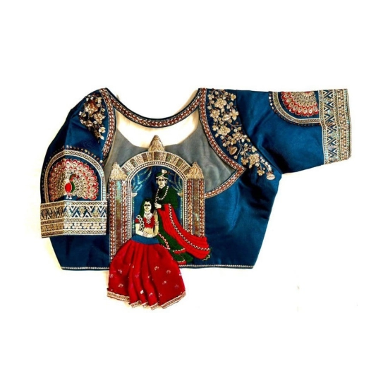 Generic Women's Shining silk Sequance Round Neck Short Sleeve Readymade Blouse (Teal, Free Size)