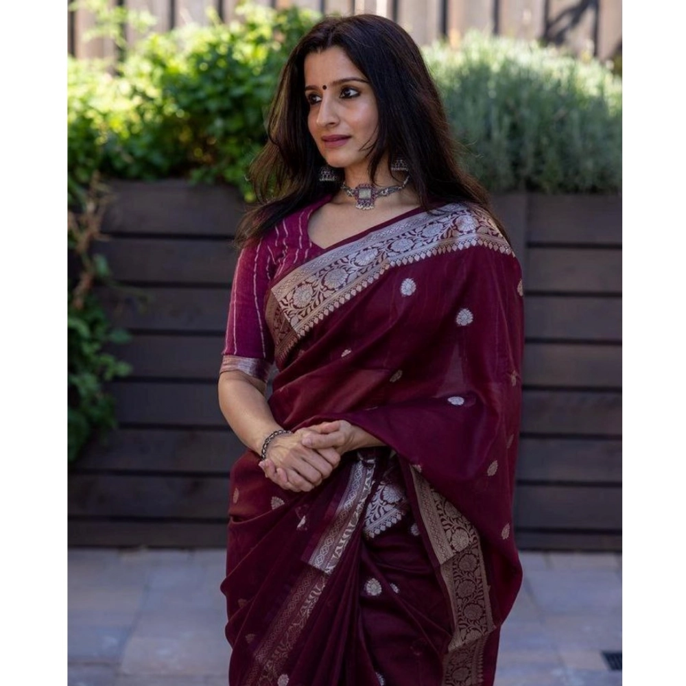 Generic Women's Cotton Printed Saree With Unstitched Blouse 5.5Mtr (Wine)