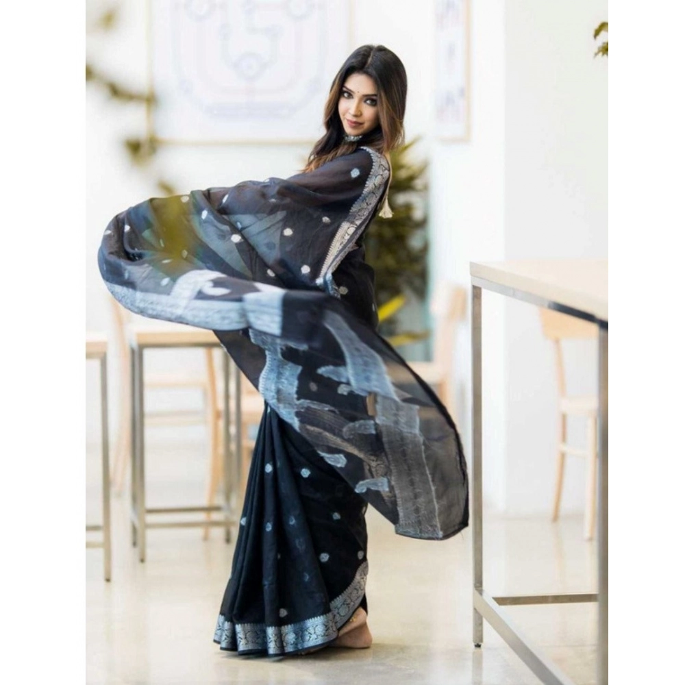 Generic Women's Cotton Printed Saree With Unstitched Blouse 5.5Mtr (Black)